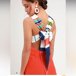 Lulu's Coral Maxi Dress with Multicolor Striped Bow-Back